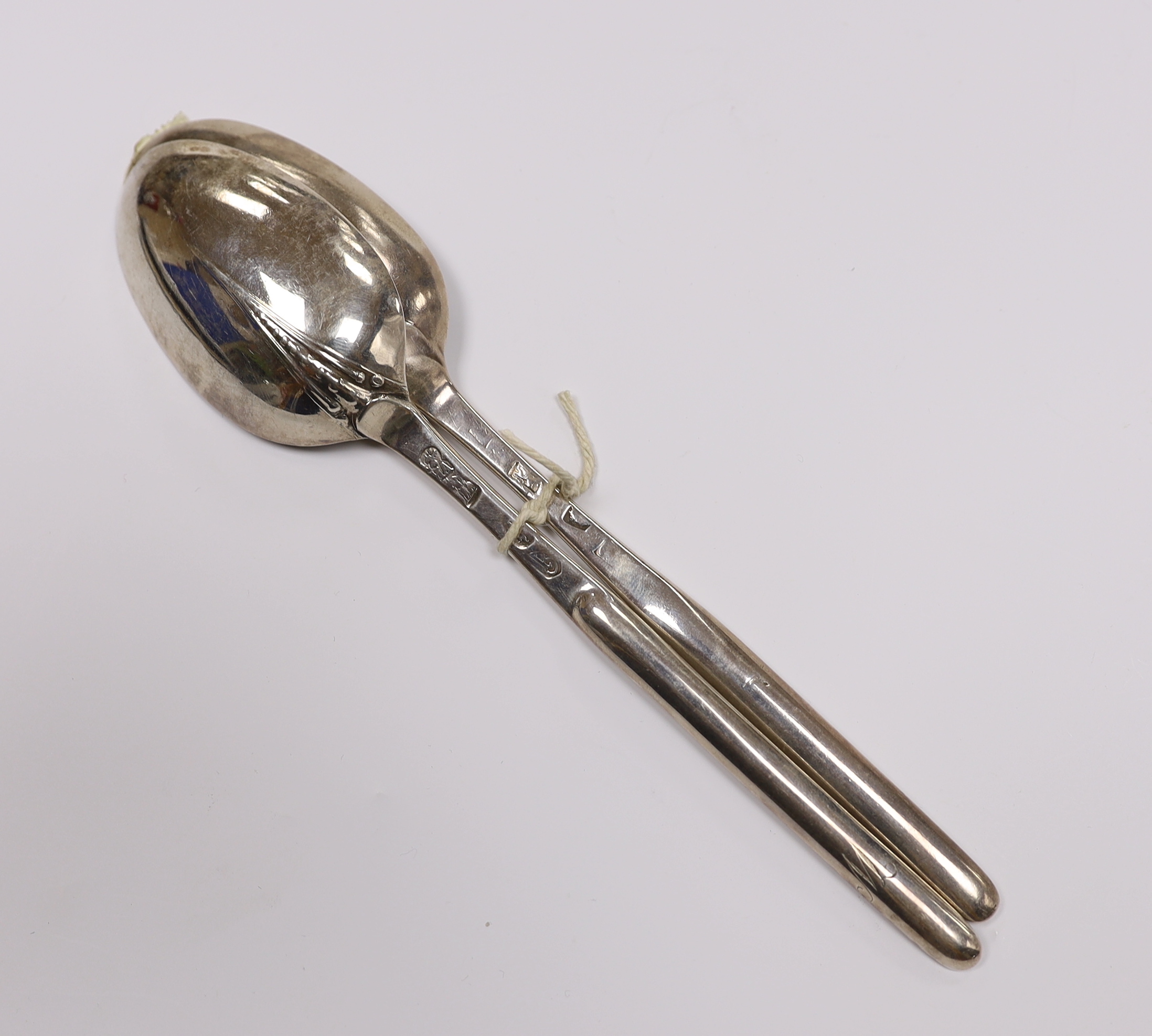 Two 18th century silver combinations marrow scoop spoons, William Matthew I, London, 1703, with rat tail back and later with rubbed marks.